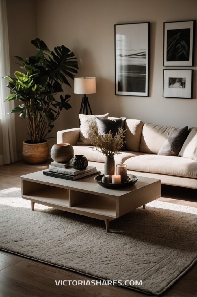 A minimalist small apartment living room with a beige sofa, a light wood coffee table adorned with candles and decor, and a large plant adding a natural touch.