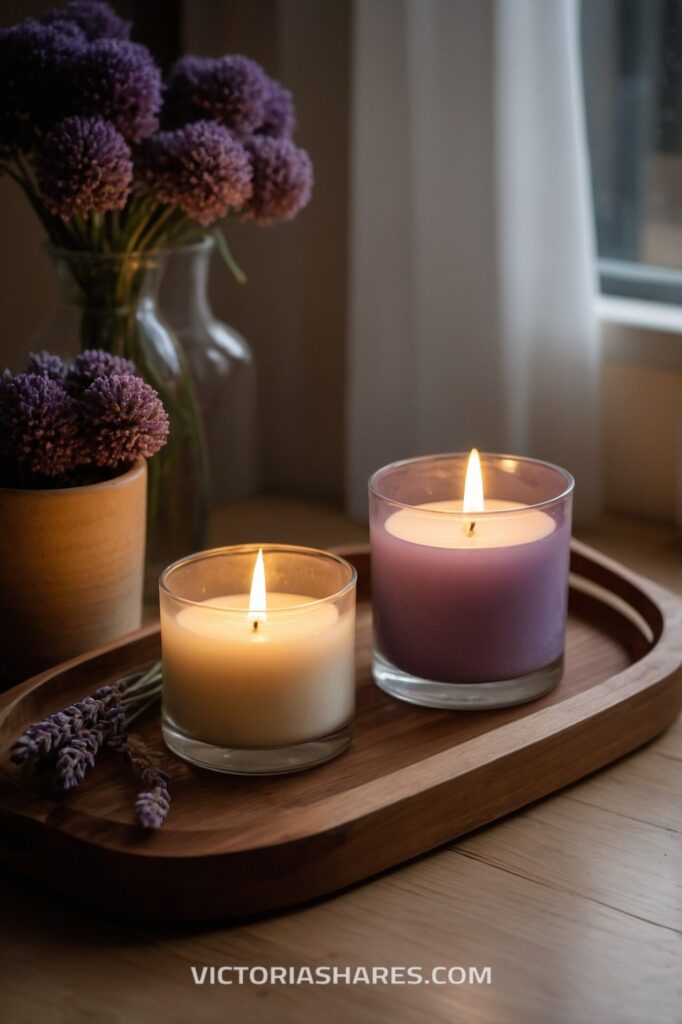 Two lit candles on a wooden tray with purple flowers nearby, creating a calming small space spa ambiance by the window.