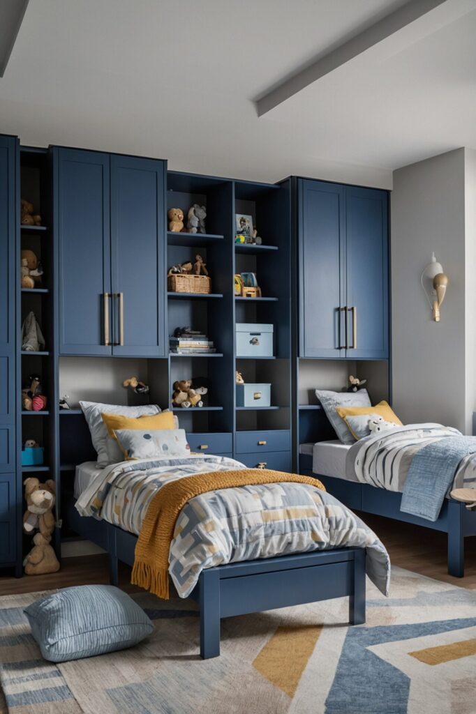 Charming and coordinated children's bedroom with a blue and yellow color scheme. The room features two single beds with matching geometric-patterned bedding in shades of blue, grey, and yellow. Built-in blue cabinetry and shelving surround the beds, providing ample storage space filled with books, toys, and decorative items. A soft, multi-colored rug covers the floor, and a cozy pillow lies on the ground, enhancing the playful and organized ambiance of the space.