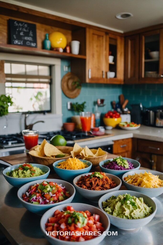 A colorful assortment of taco toppings including guacamole, salsa, shredded cheese, and meats are displayed in bowls on a kitchen counter, ready for a casual small kitchen gathering.