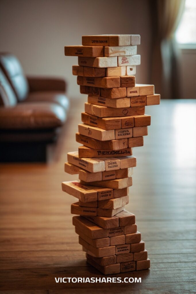 Close-up of a precariously stacked Jenga tower mid-game, set on a wooden floor in a cozy apartment living room.