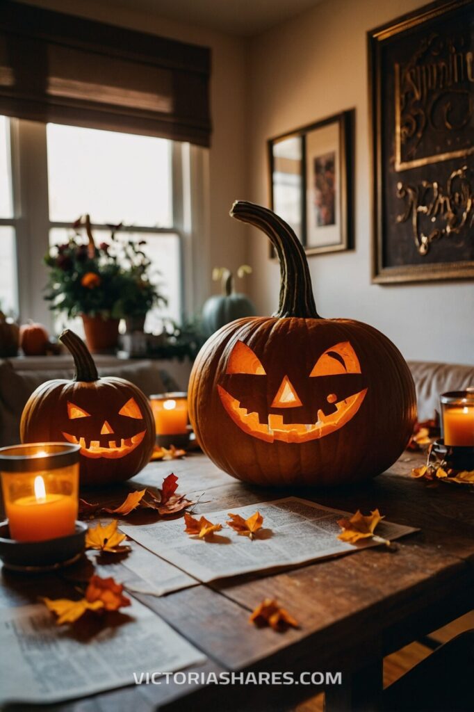 Cozy indoor Halloween scene with glowing jack-o'-lanterns, candles, and autumn leaves scattered on a table, creating a festive and warm atmosphere. Seasonal Entertaining Ideas for Small Apartments