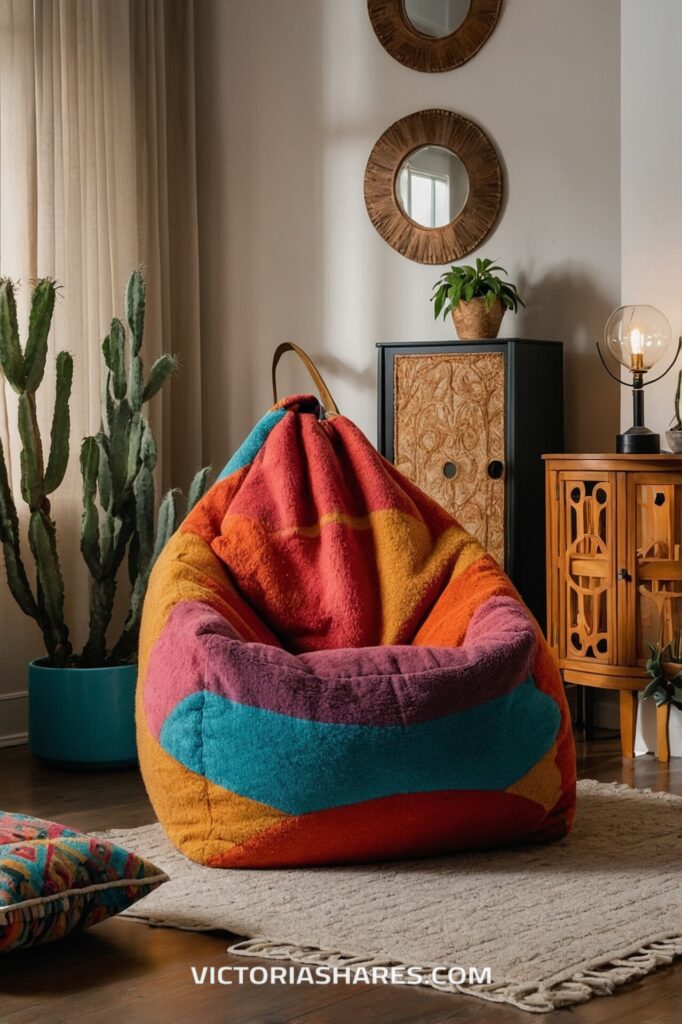 A colorful, oversized bean bag chair is placed in a cozy living space with a neutral rug, decorative mirrors, and indoor plants, offering a fun and comfortable seating option for small apartments.