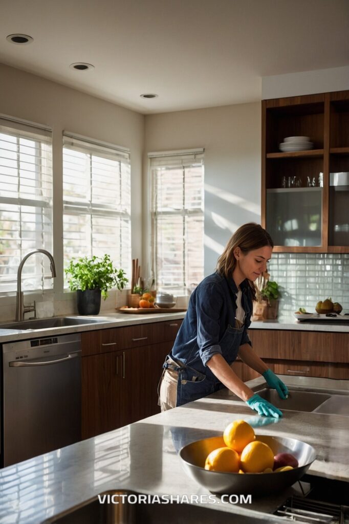 A woman wearing gloves cleans a sunlit kitchen counter, surrounded by fresh fruit and plants, performing a quick cleanup to maintain a tidy space.