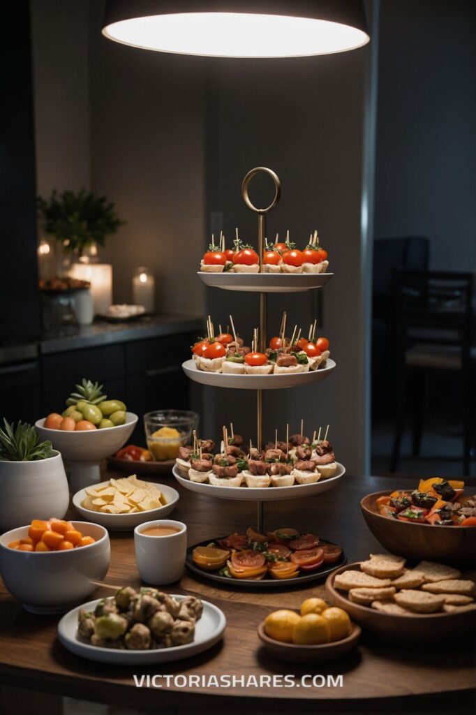 An elegant spread of appetizers in a small apartment featuring a tiered tray with skewered bites, bowls of fruit, chips, and vegetables, under soft, ambient lighting.