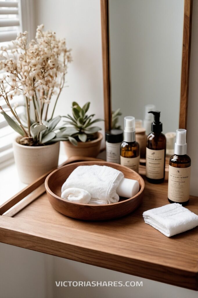 Small space spa vanity with neatly arranged towels, skincare products, and potted plants, creating a fresh, minimalistic atmosphere.