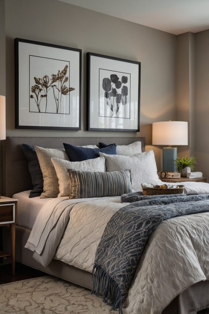 A thoughtfully prepared guest bedroom featuring a variety of bedding options for maximum comfort, including a selection of pillows with different firmness levels—some firm, some soft—arranged neatly on the bed, extra blankets folded at the foot of the bed for easy access, a small linen closet with an additional set of sheets for extended stays, the room is decorated in soothing neutral tones with soft textures, creating a cozy and inviting atmosphere