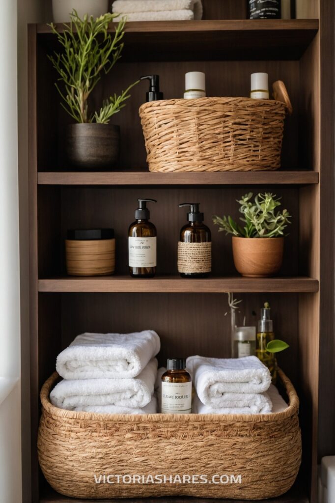 Organized small space spa shelf with woven baskets, rolled towels, natural skincare products, and potted plants, enhancing a cozy, rustic feel.