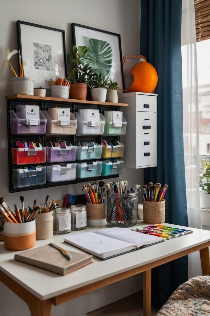 Creative and organized art station in a bright room, featuring a desk filled with various art supplies, including brushes, colored pencils, and jars holding different tools. Above the desk, a wall-mounted storage system with labeled bins holds additional supplies, while framed artwork and potted plants add a decorative touch. The space is well-lit with natural light coming through a window with blue curtains, creating an inspiring and functional environment for artistic work.