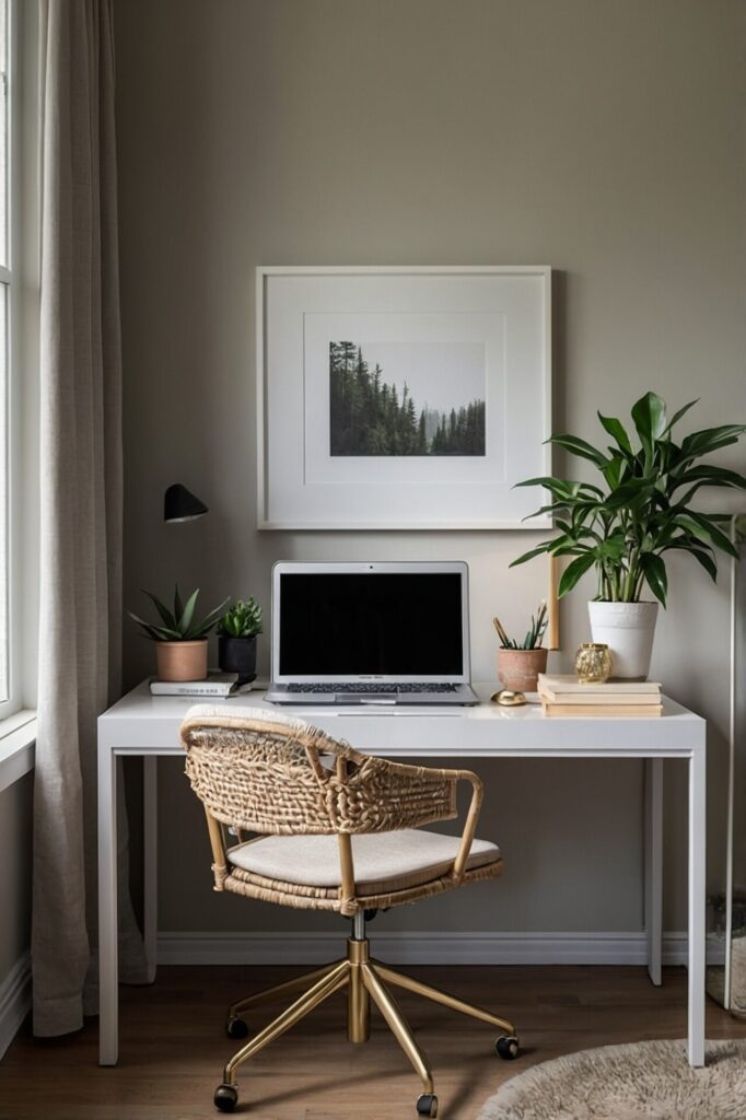 A minimalist home office setup featuring a white desk against a soft beige wall. The desk is neatly arranged with a closed laptop, several small potted plants, a stack of books, and a small gold decorative vase. Above the desk, a large framed photograph of a forest adds a calming, nature-inspired touch to the space. A wicker office chair with a cushioned seat and brass legs is positioned at the desk, adding texture and warmth. To the left, a window with light curtains allows natural light to flood the room, enhancing the tranquil and serene atmosphere.

