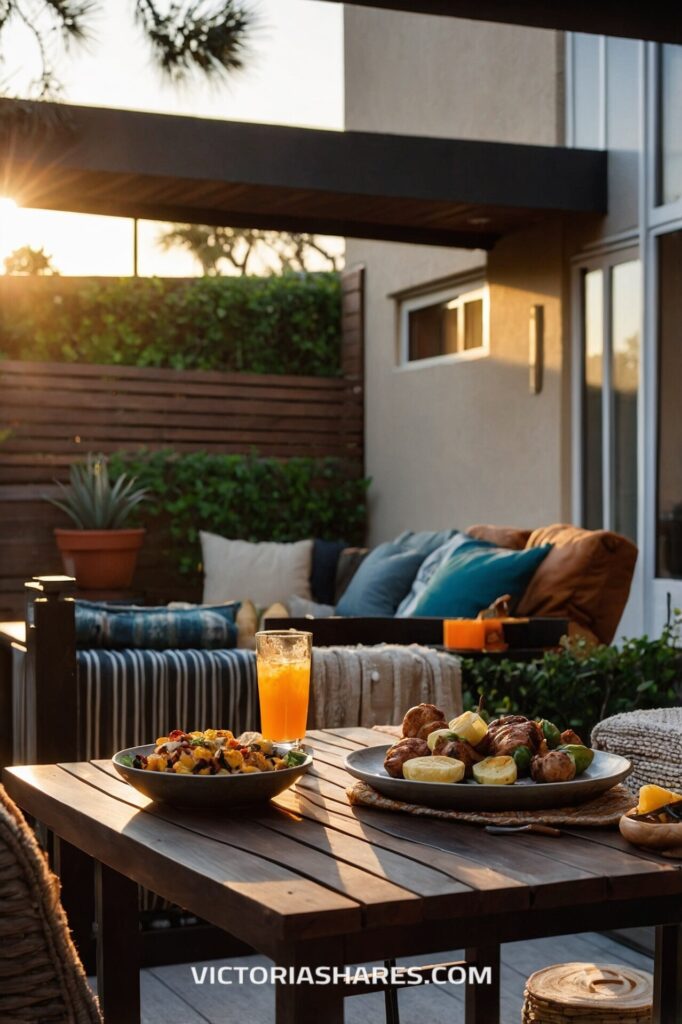 An outdoor table set for dining at sunset with a plate of food and a glass of orange drink, surrounded by cozy seating and soft pillows in a peaceful patio setting.