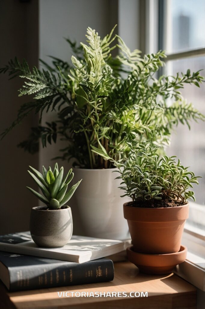 A trio of potted plants placed on a sunlit windowsill, alongside stacked books, creating a serene and refreshing indoor garden corner.