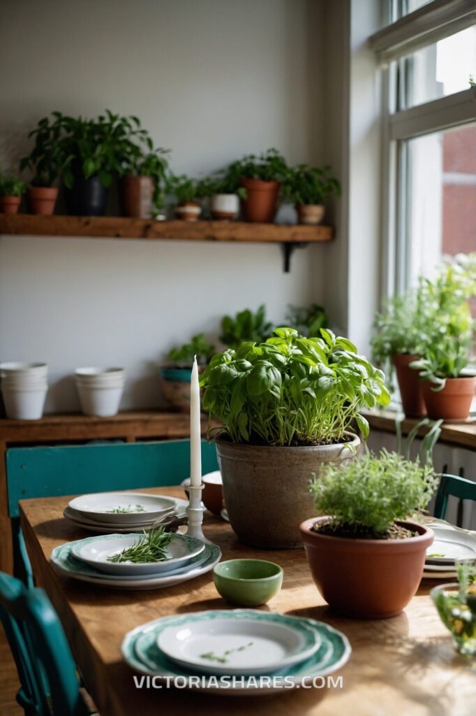 Indoor dining table with potted herbs, simple place settings, and rustic decor, surrounded by fresh greenery on shelves and windowsills. Seasonal Entertaining Ideas for Small Apartments