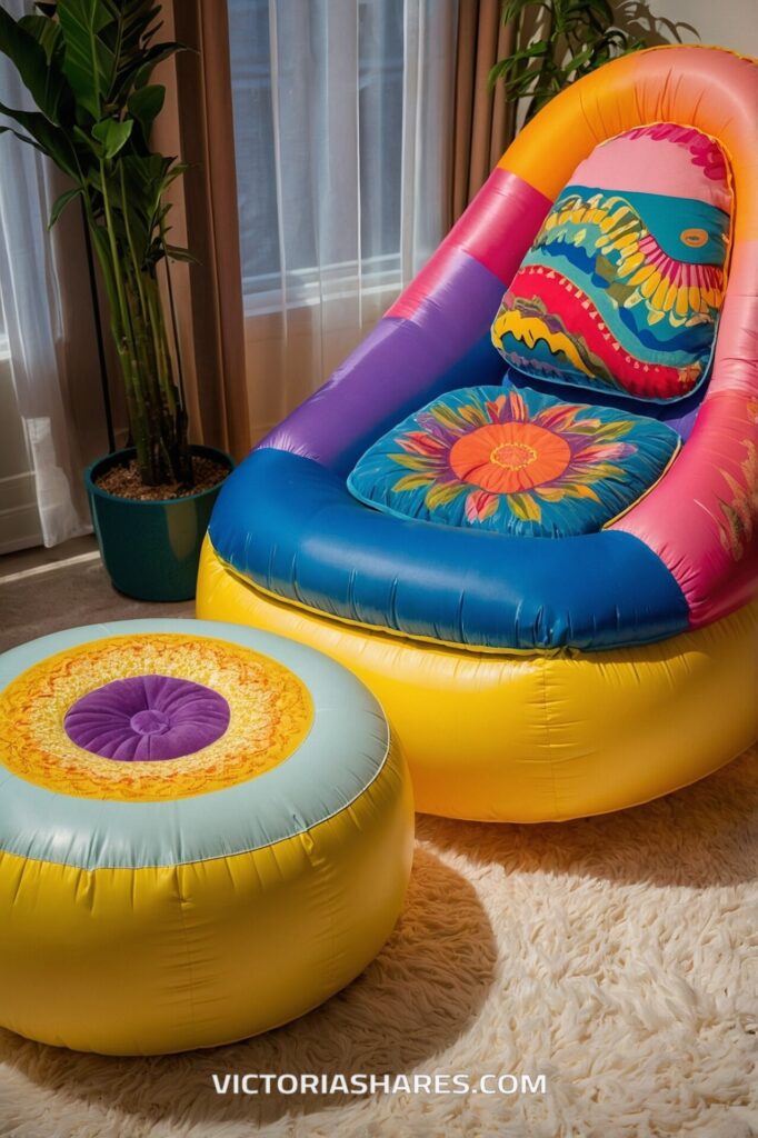 A vibrant, inflatable lounge chair with bold, colorful patterns and a matching ottoman sits on a plush white rug, creating a playful and flexible seating option for small apartment spaces.