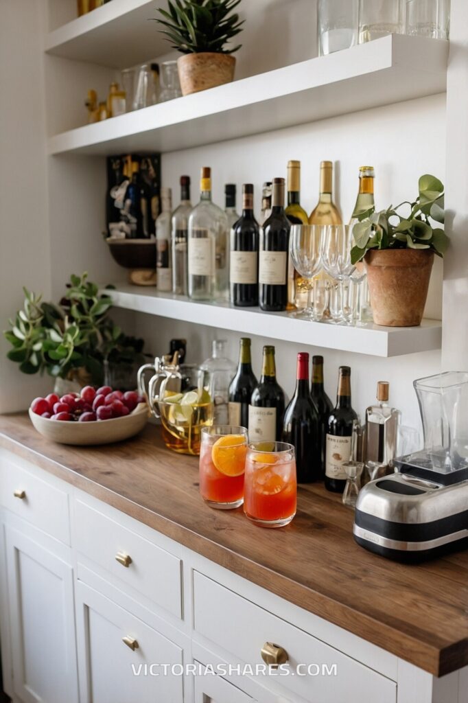 A stylish bar setup in a small apartment featuring bottles of wine and liquor, glasses, fresh fruit, and two colorful cocktails on a wooden countertop.