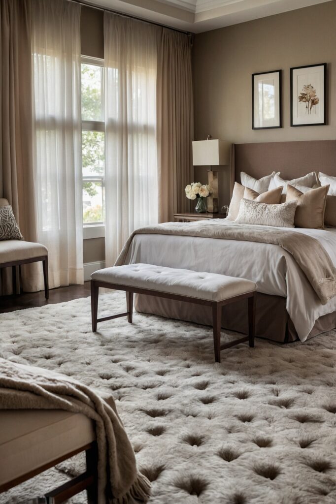 A luxurious guest bedroom designed to feel like a five-star retreat, featuring a bed dressed with soft, breathable sheets of high thread count, complemented by a variety of plush towels neatly folded on a chair, a luxurious blanket draped over the foot of the bed, and thoughtful touches like a plush robe and slippers placed on a chair, the room is styled in neutral tones with soft, inviting textures, creating a warm and welcoming ambiance