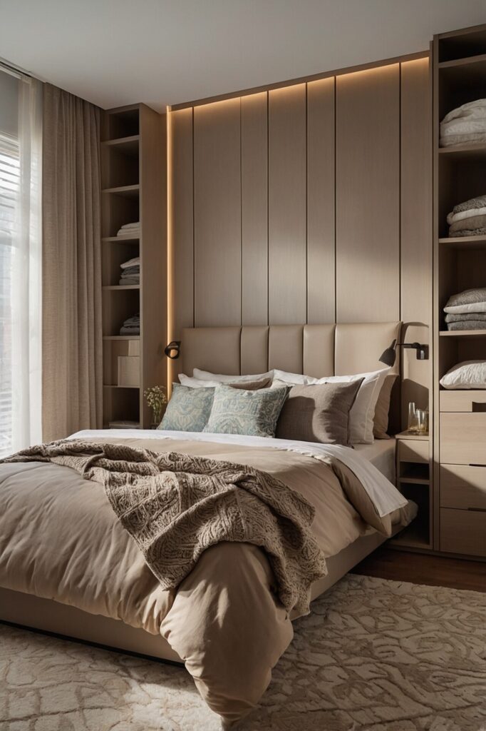 Elegant and calming bedroom with a neutral color palette, featuring a plush bed with beige bedding and decorative throw pillows in soft, earthy tones. The bed is set against a paneled accent wall with built-in lighting, adding a warm ambiance to the room. Flanking the bed are tall shelves filled with neatly folded linens, while a soft, textured rug underfoot and floor-length curtains add to the cozy and sophisticated atmosphere.