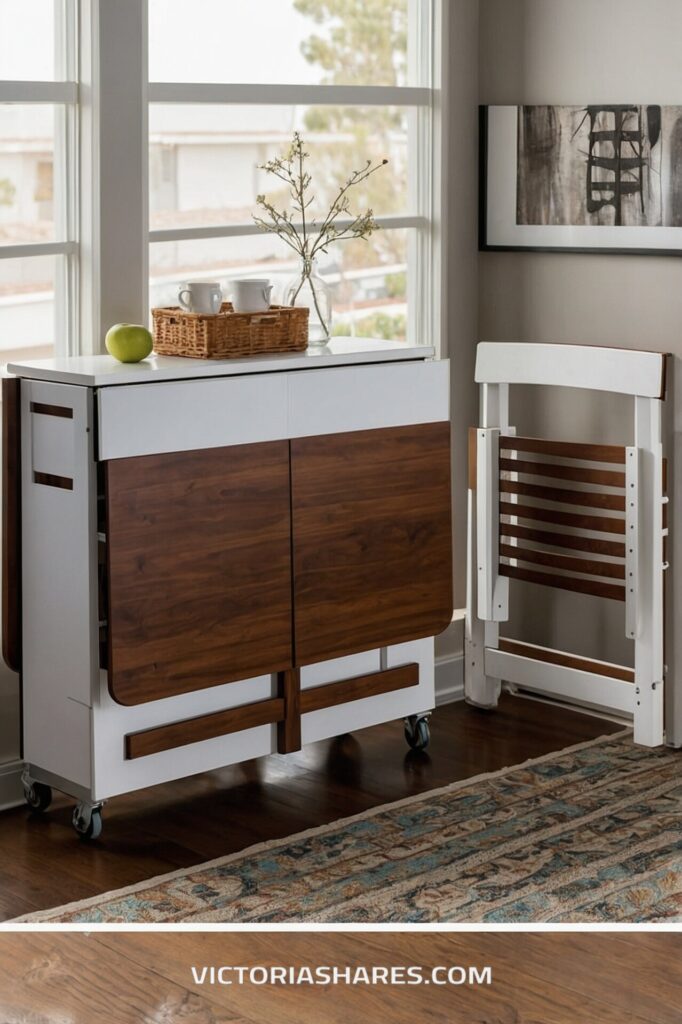 A compact wooden folding table on wheels is neatly placed by a window, accompanied by a folded chair and a wicker tray with mugs, offering functional small kitchen storage.