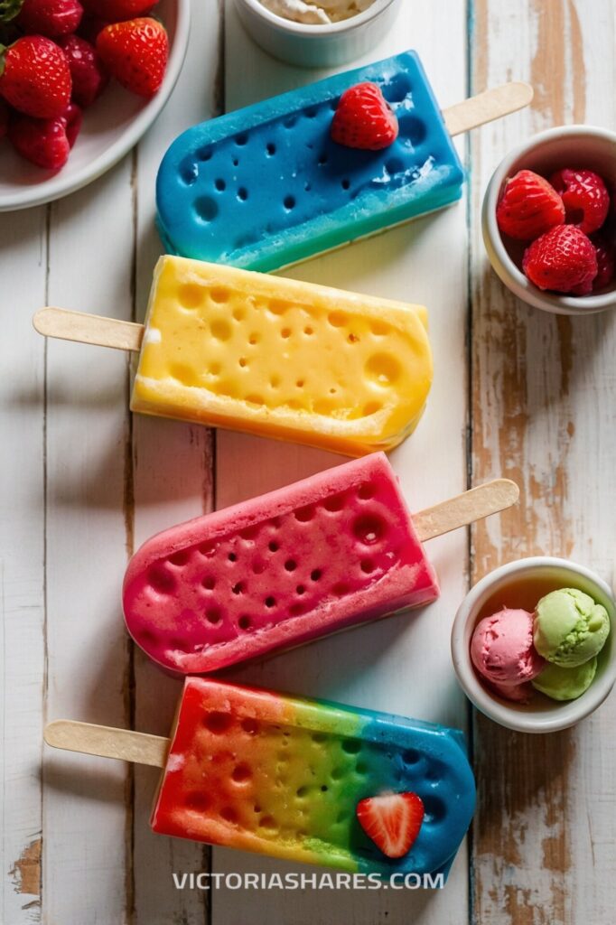 Colorful popsicles in blue, yellow, pink, and rainbow, garnished with strawberries, served alongside small bowls of fruit and ice cream scoops. Seasonal Entertaining Ideas for Small Apartments