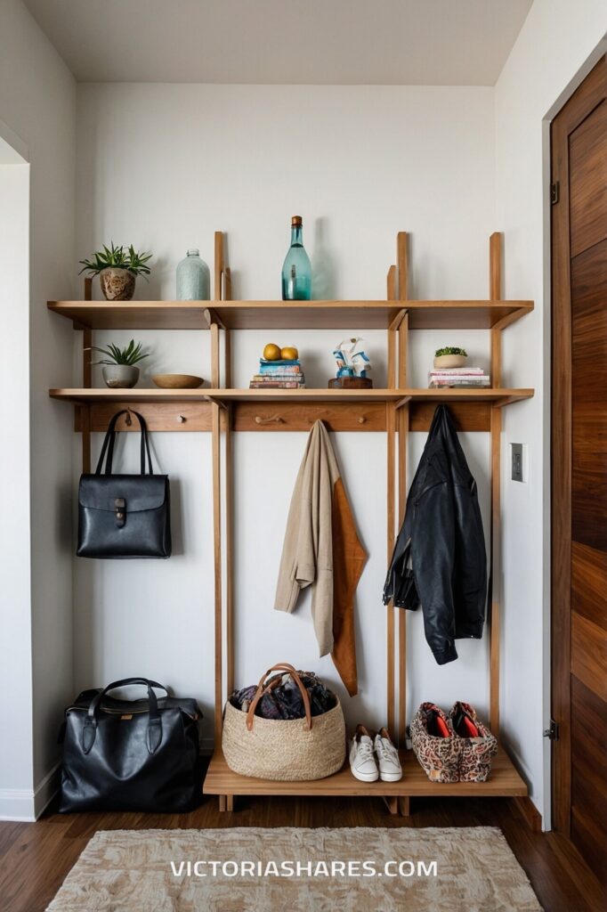 A tidy entryway features coats, bags, shoes, and decorative items neatly arranged on wooden shelves, presenting a space ready for a quick cleanup.