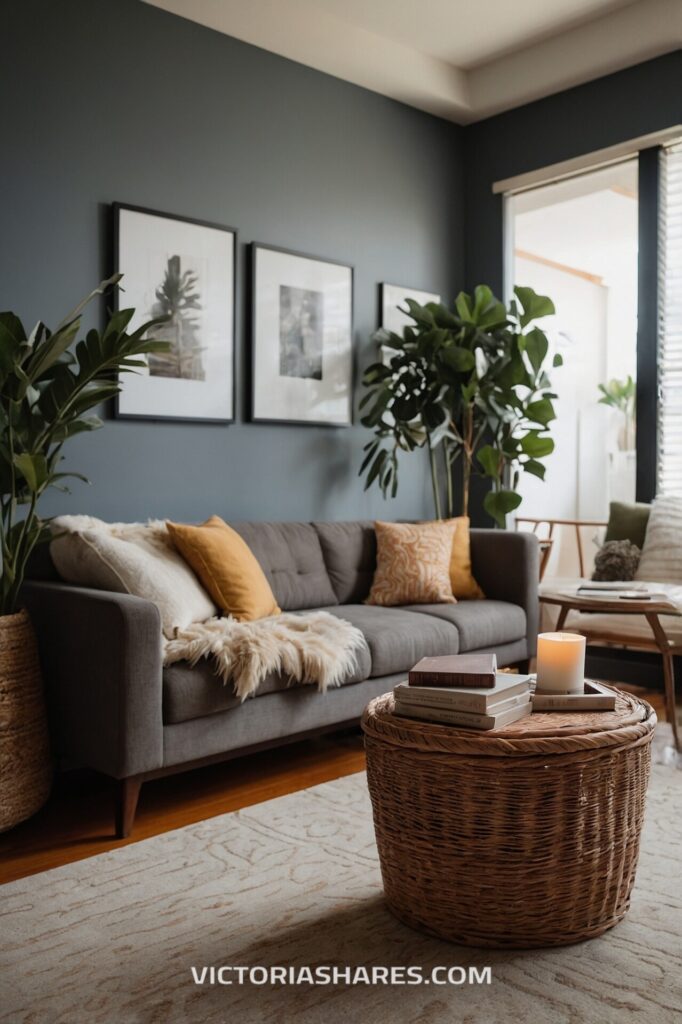 A cozy small apartment living room with a gray sofa, soft throw pillows, lush green plants, and a woven ottoman topped with books and a candle.