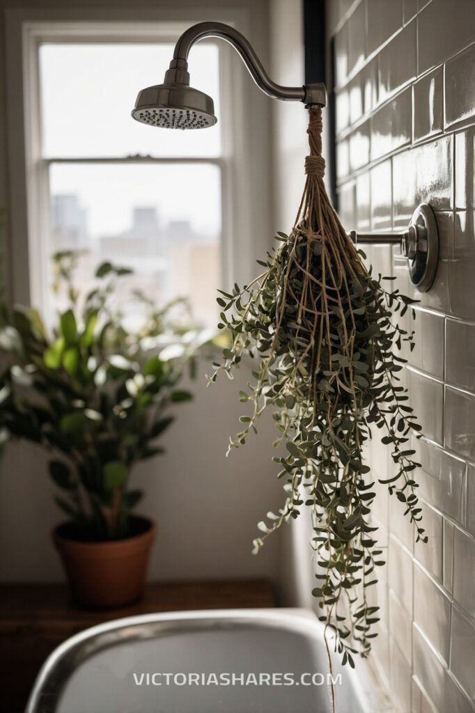 Small space spa shower adorned with a eucalyptus bundle hanging from the shower head, bringing a refreshing, natural element to the setting.