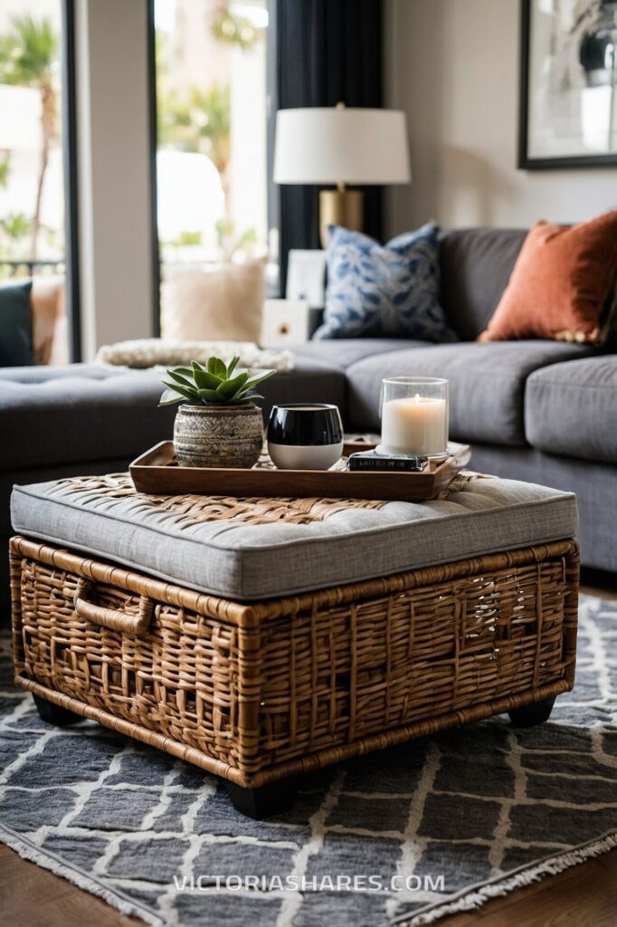 Living room with a wicker ottoman serving as a coffee table, decorated with a tray holding a plant and candle, complemented by a gray sofa with colorful pillows.