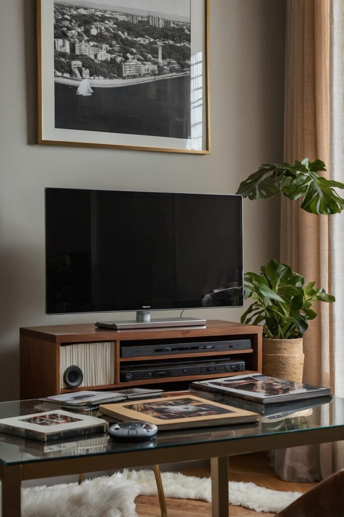 An inviting guest room equipped with various entertainment options to enhance the guest experience, including a small television on a sleek dresser, a curated collection of books and travel magazines stacked on a side table, and a compact Bluetooth speaker for music, a decorative guestbook with local tips and attractions is placed on the desk, the room's decor is minimalist yet cozy, using warm colors and soft textures to create a comfortable space