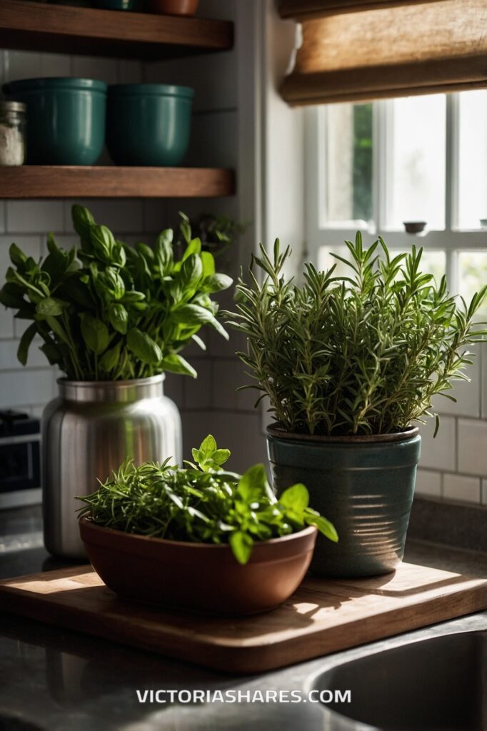 A kitchen windowsill is adorned with fresh potted herbs, including rosemary and basil, bringing a touch of greenery and freshness to the small kitchen space.