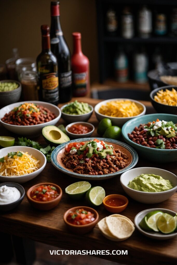 Taco bar spread featuring bowls of seasoned meat, beans, guacamole, salsa, shredded cheese, and lime wedges, offering a customizable and budget-friendly meal option.