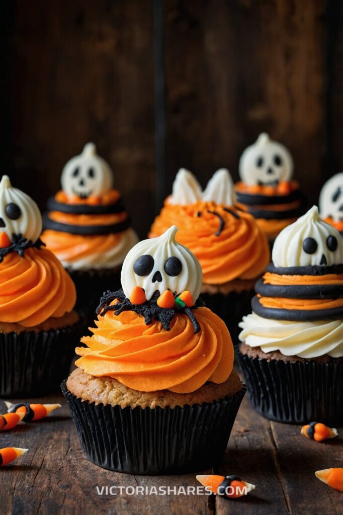 Halloween-themed cupcakes with orange and black frosting, topped with ghost and candy corn decorations, creating a spooky and festive treat display. Seasonal Entertaining Ideas for Small Apartments