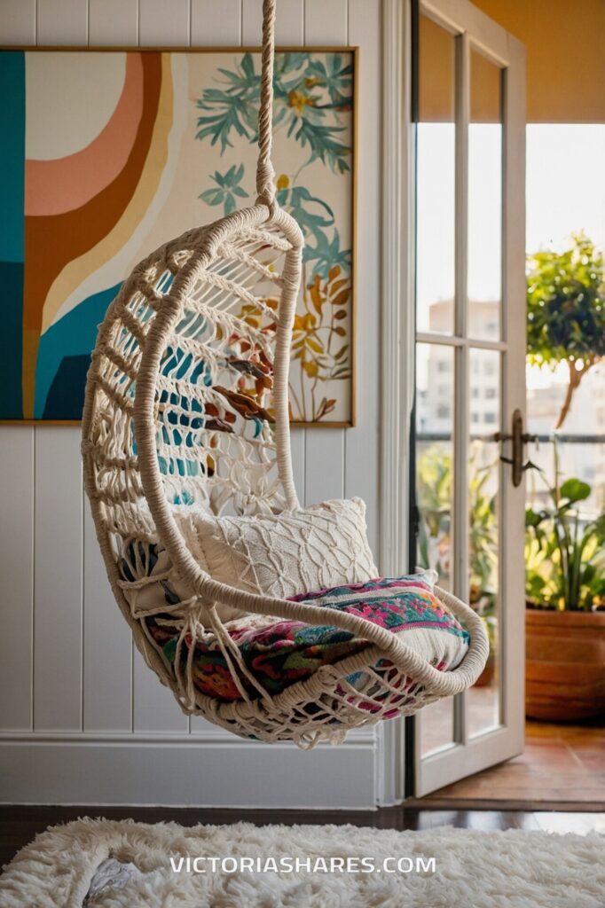 A woven hanging chair with a textured pillow and colorful blanket is suspended in a bright room, creating a cozy, space-saving seating area ideal for small apartments.