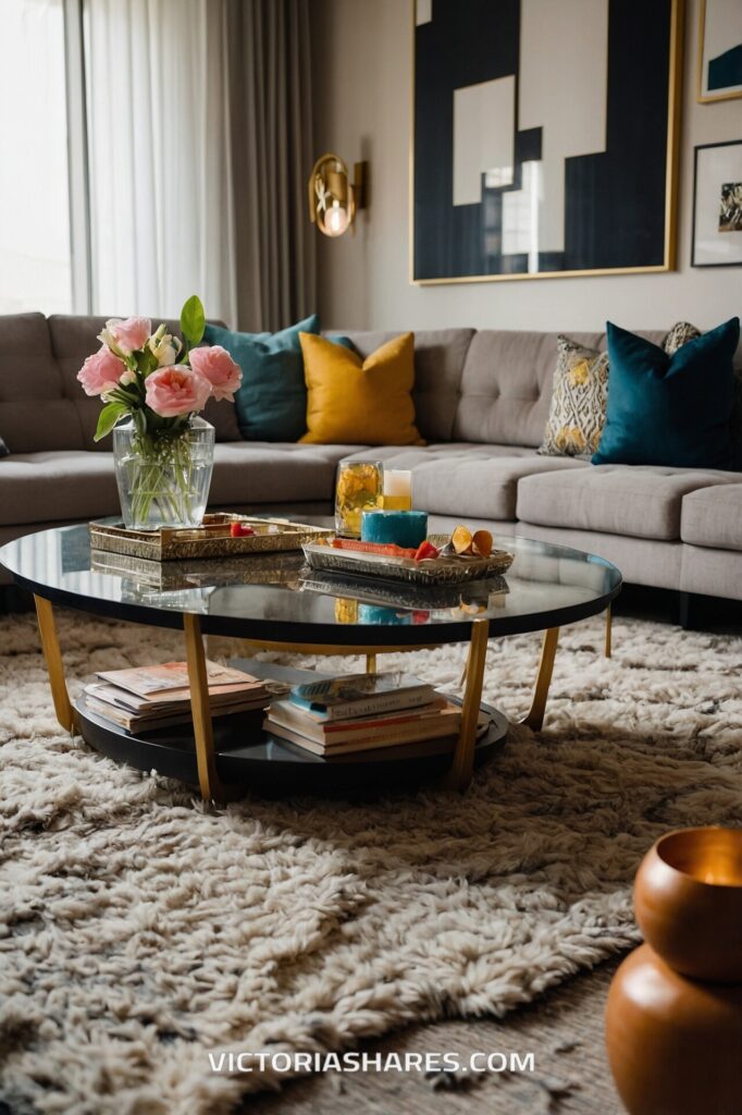 A cozy living room with a glass coffee table, topped with flowers, candles, and trays, sits on a plush rug, offering a quick cleanup opportunity to refresh the space.