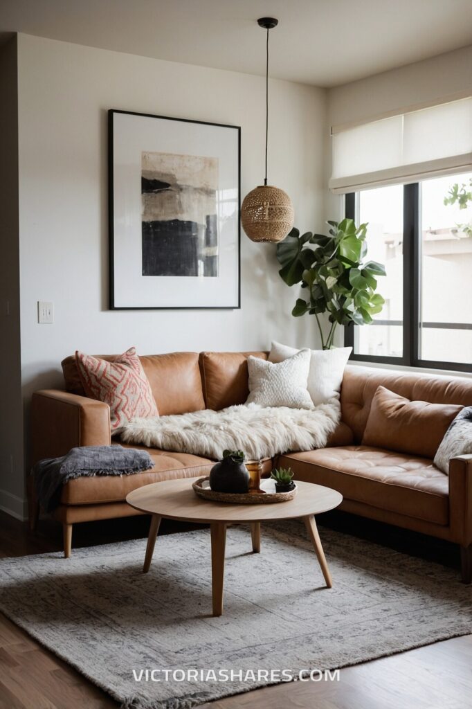 A chic small apartment living room featuring a caramel leather sectional, a cozy fur throw, a round wooden coffee table, and large windows with natural light.