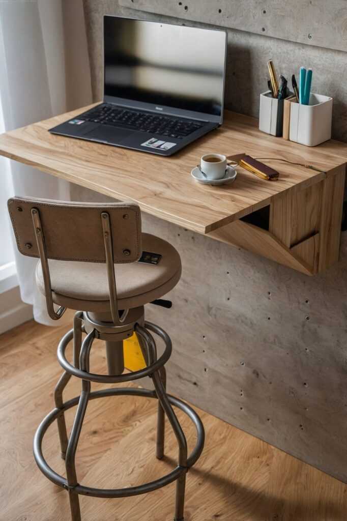 A compact and functional home office setup featuring a small, wall-mounted wooden desk with a light natural finish. The desk holds an open laptop, a small cup of espresso on a saucer, and a couple of pen holders with various writing utensils. A simple brown leather notebook is also placed on the desk. A tall, adjustable stool with a beige cushioned seat and a metal frame is positioned at the desk, offering a modern industrial style. The backdrop is a textured gray wall that adds a rustic touch to the minimalist design. The flooring is light wood, complementing the natural aesthetic of the workspace.

