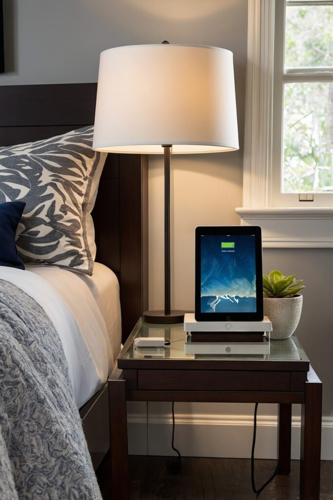 An inviting guest room equipped for today's tech needs, featuring a charging station with multiple outlets and USB ports on a bedside table, power outlets conveniently located near the bed and desk for easy access, the room is styled with modern decor in calming shades, combining both comfort and functionality, ensuring guests can easily charge their devices and stay connected