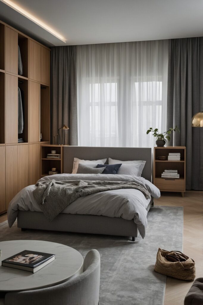 Modern and minimalist bedroom featuring a soft grey bed with neatly arranged bedding in neutral tones. The room is illuminated by natural light streaming through sheer white curtains, complemented by grey drapes. A small wooden side table with books and a potted plant adds a touch of warmth, while a sleek wooden wardrobe provides ample storage. A woven basket on the floor and a cozy rug enhance the serene and uncluttered atmosphere.