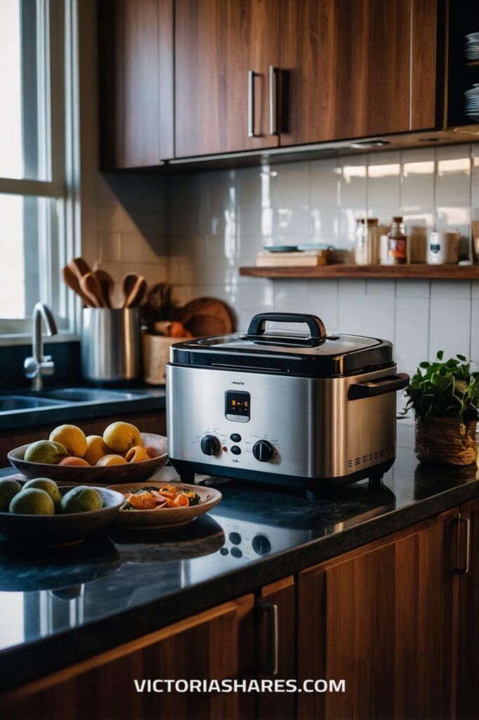 A stainless steel slow cooker is placed on a dark countertop, surrounded by bowls of fresh citrus fruits and herbs, in a warm and functional small kitchen setting.