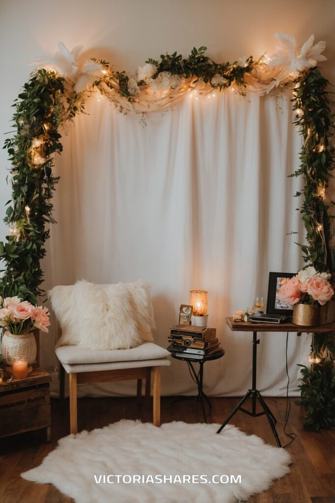 Romantic seating area featuring a cozy chair with a fluffy pillow, soft lighting, floral garlands, and delicate string lights for a serene ambiance.