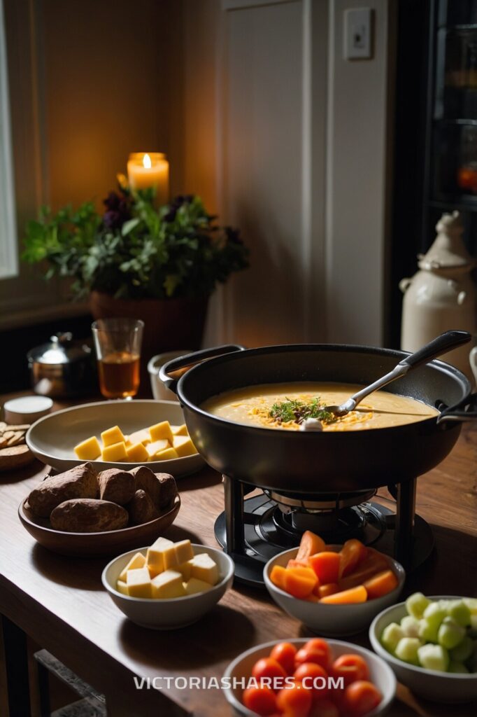 Cozy fondue setup with melted cheese, assorted vegetables, bread, and cheese cubes, accompanied by candlelight for a warm and inviting gathering. Seasonal Entertaining Ideas for Small Apartments