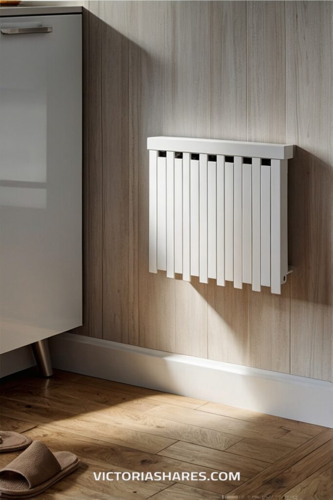 A wall-mounted drop-down seat with a sleek, white slatted design is installed against a light wood-paneled wall, offering a space-saving seating solution for small apartments.