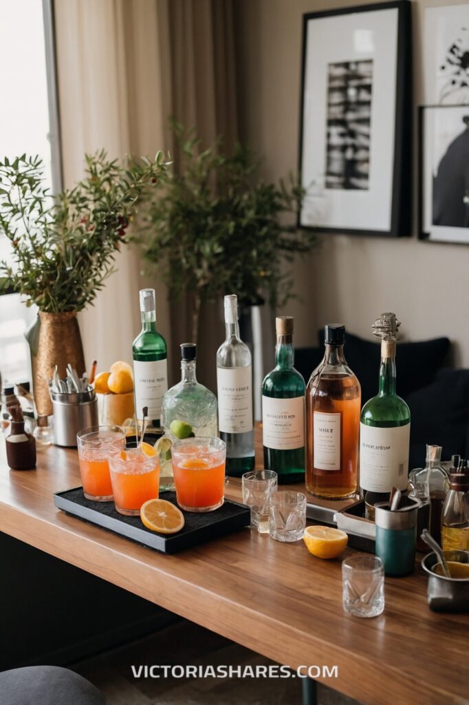 A stylish bar setup in a small apartment with colorful cocktails, bottles of liquor, citrus garnishes, and glassware arranged on a wooden table, framed by plants and modern decor.