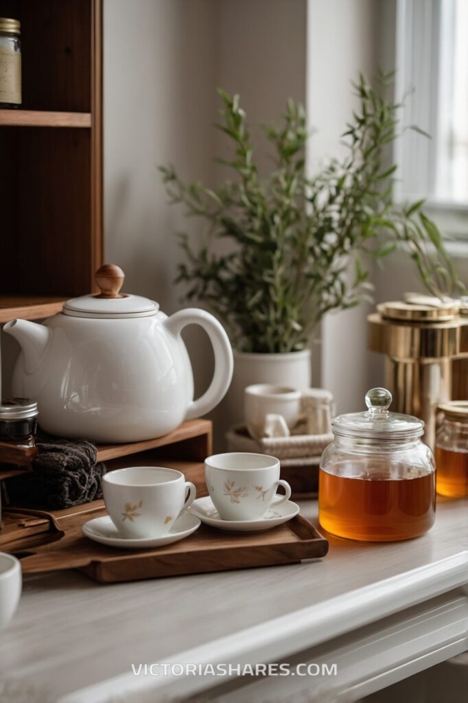 Small space spa tea setup with a white teapot, delicate teacups, and a jar of herbal tea, creating a cozy, inviting refreshment area.