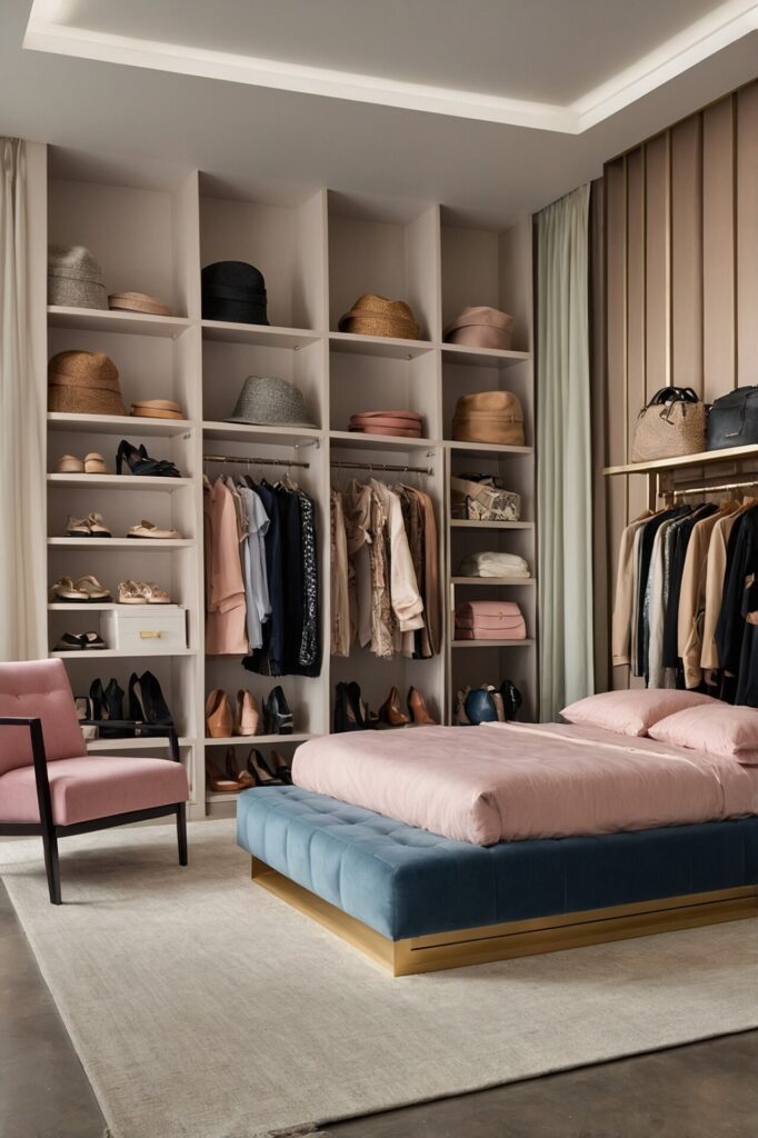 Stylish and organized bedroom with an open wardrobe design, featuring neatly arranged shelves and hanging space for clothing, shoes, and hats. The room includes a luxurious bed with a blue velvet frame and soft pink bedding, positioned on a light-colored rug. A pink upholstered chair adds a pop of color, while the combination of neutral tones and soft textures creates a sophisticated and functional dressing area.