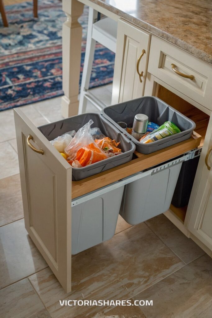 A pull-out kitchen cabinet reveals organized recycling and trash bins, designed for easy waste separation in a clean and efficient small kitchen space.