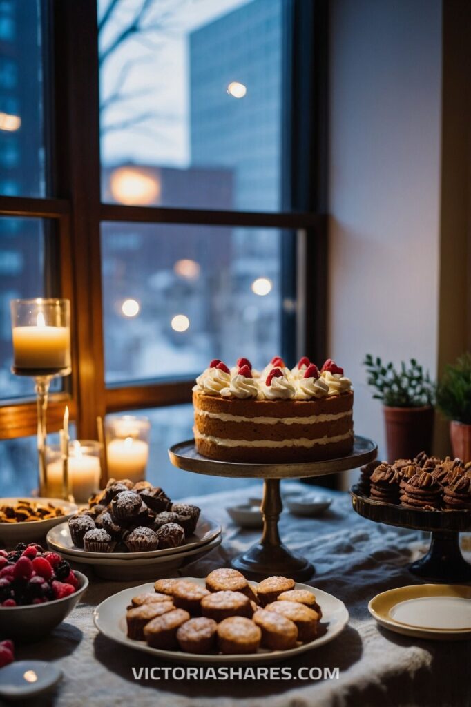 Elegant dessert table with a layered cake, cookies, muffins, and berries, illuminated by candles, creating a cozy and festive atmosphere. Seasonal Entertaining Ideas for Small Apartments