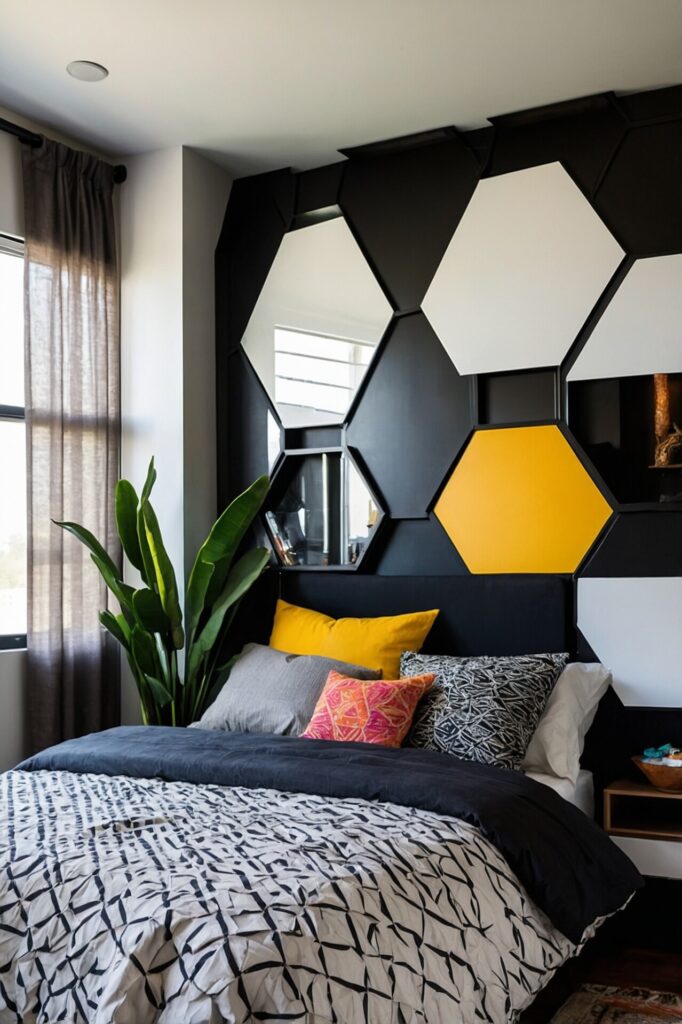 A metal geometric panel headboard composed of interlocking hexagons and triangles, painted in matte black and attached to the wall behind a bed in an eclectic bedroom with bold decor and colorful accents, natural light streaming through large windows, casting interesting shadows and enhancing the visual effect