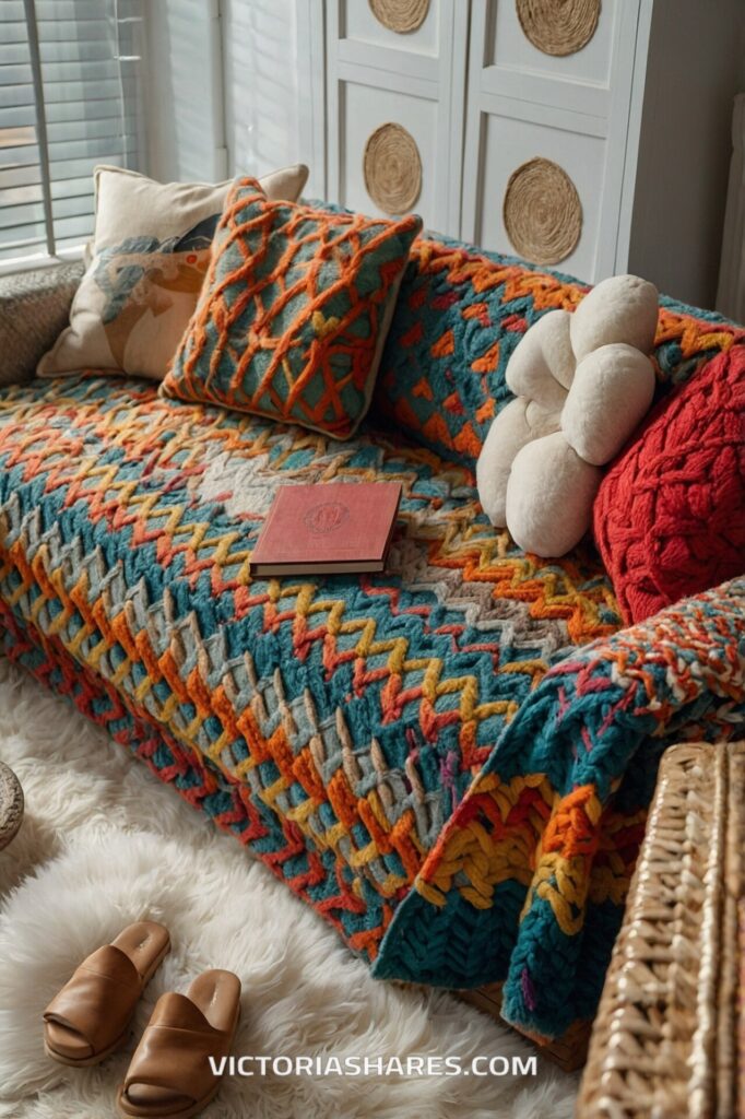 A cozy sofa covered in a colorful knitted blanket and cushions sits beside a pair of slippers on a soft rug, with a book resting on the couch, inviting a quick cleanup.