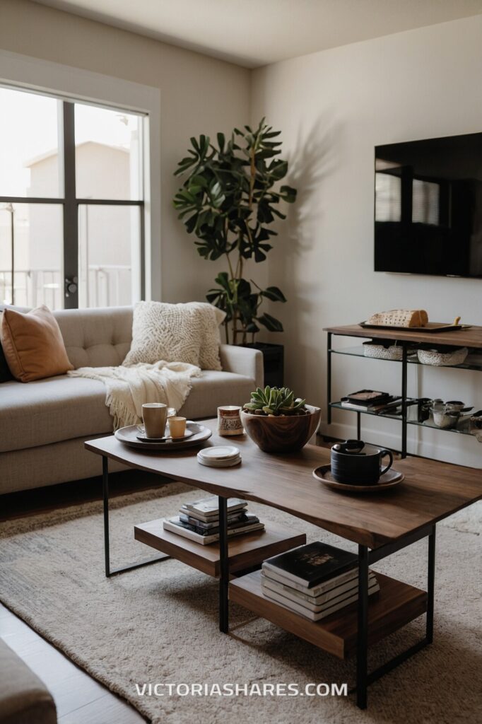 A modern small apartment living room featuring a light beige sofa, a wooden coffee table with decor, a large plant, and a wall-mounted TV, creating a cozy and stylish space.