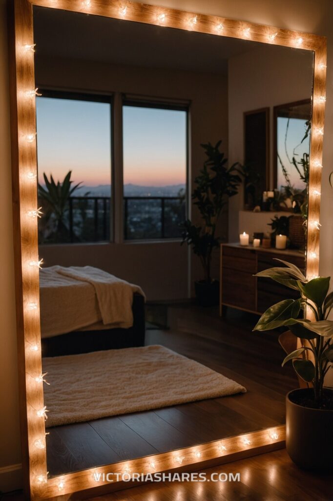 Large mirror framed with warm fairy lights in a cozy small space spa bedroom, reflecting a sunset view and soft, inviting ambiance.